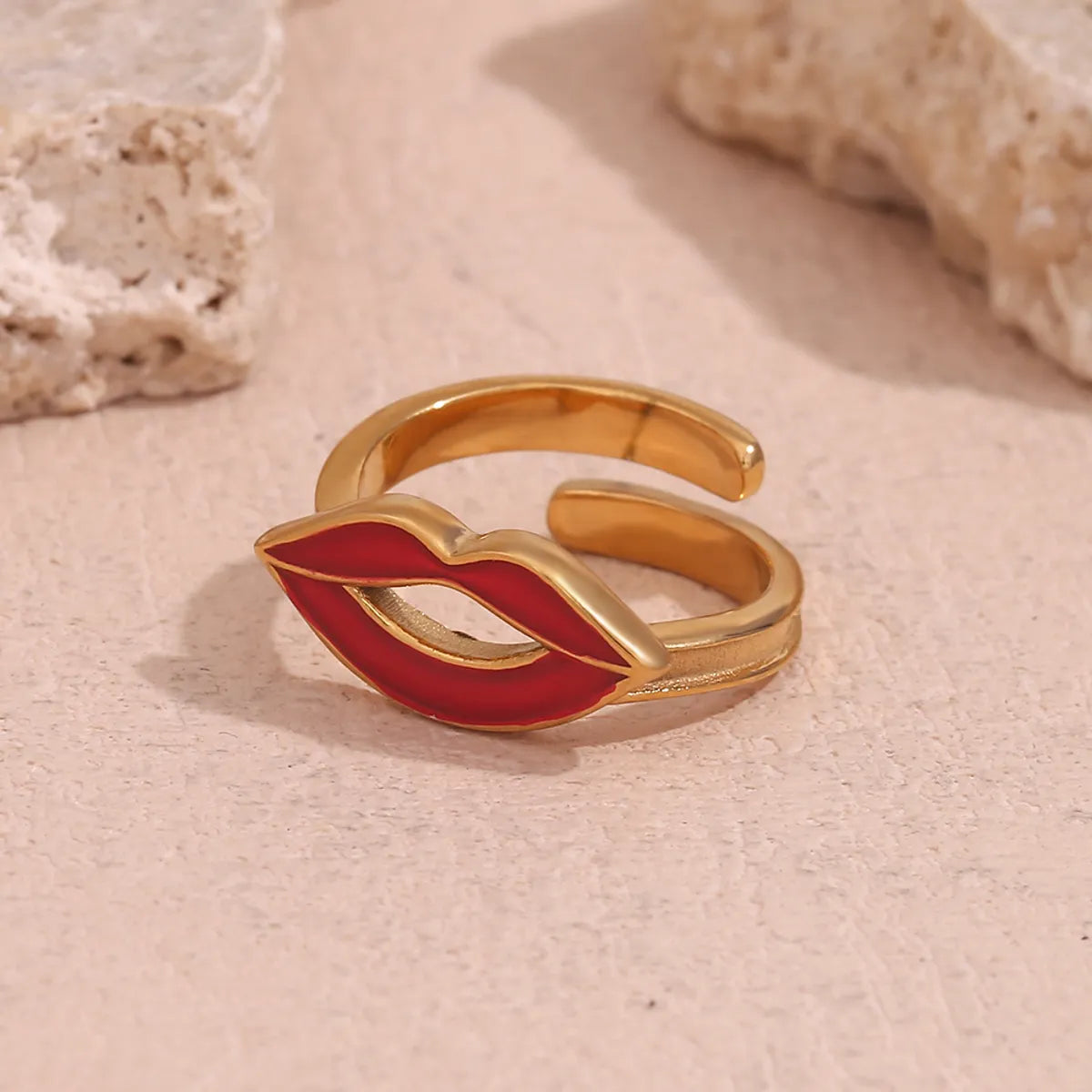 Stainless Steel 18K Gold Plated Elegant Retro Lips Enamel Open Rings