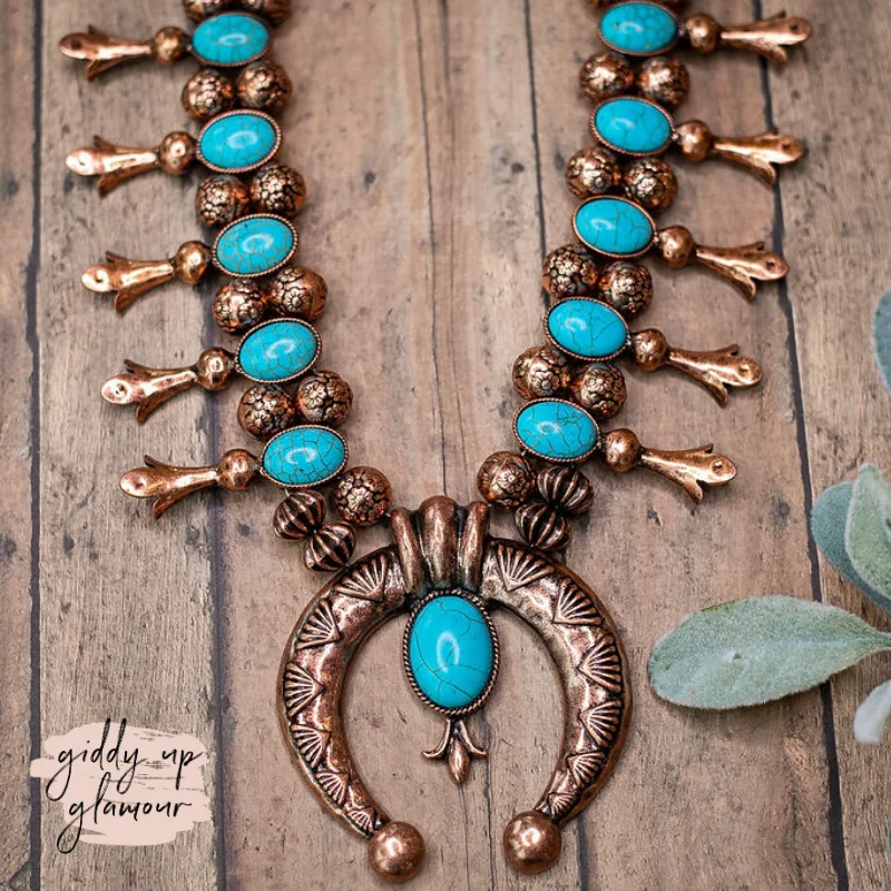 Copper Tone Squash Blossom Necklace with Turquoise Stones