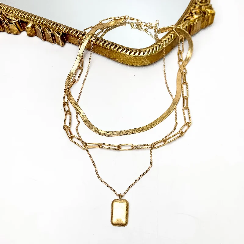 Three Strand Gold Tone Necklace With Rectangle Pendant