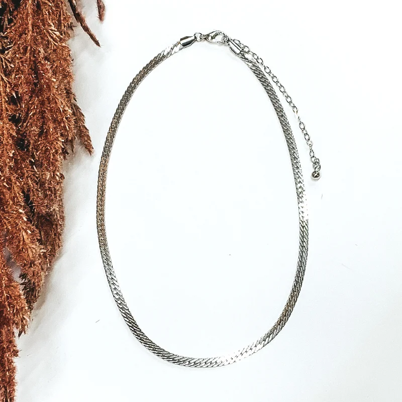 Simple Flat Herringbone Chain Necklace is Silver Tone