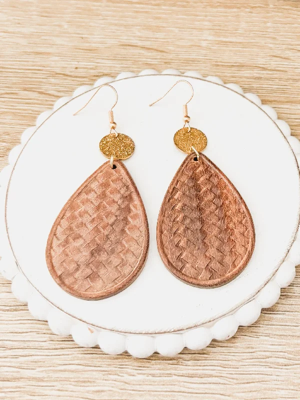 Triangular Drop Earrings-Beautiful Patterned Brown Wood and Gold Drop Earrings