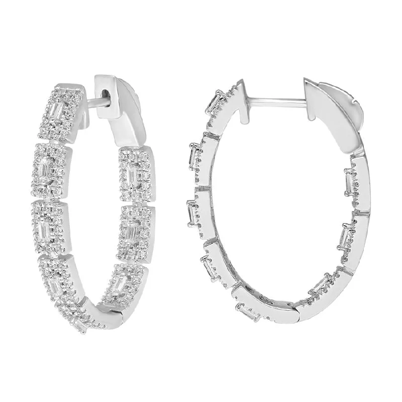 Small Drop Earrings-LADIES HOOP EARRINGS 1.00CT ROUND/BAGUETTE DIAMOND 14K WHITE GOLD