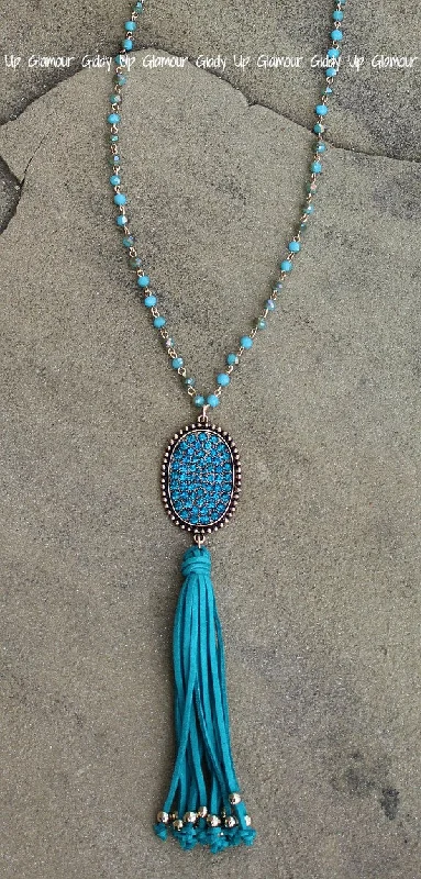 Long Bronze & Turquoise Crystal Necklace with Oval and Tassel