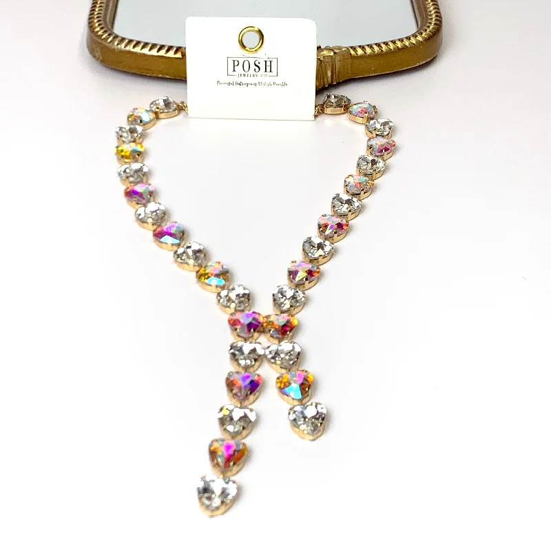 Posh by Pink Panache | Gold Tone Heart Shaped AB Crystal Lariat Necklace