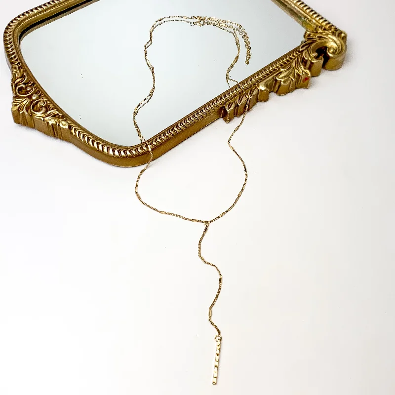 Gold Tone Y Necklace With Hammered Rectangle Charms