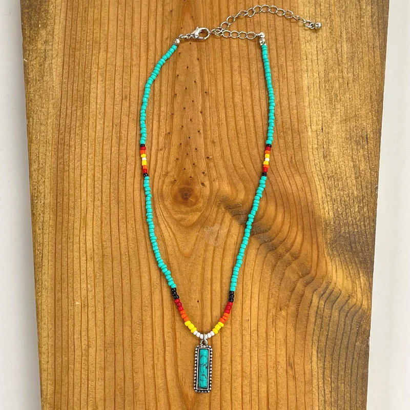 Seed Beaded Choker Necklace with Faux Turquoise Stone Bar Pendant in Turquoise