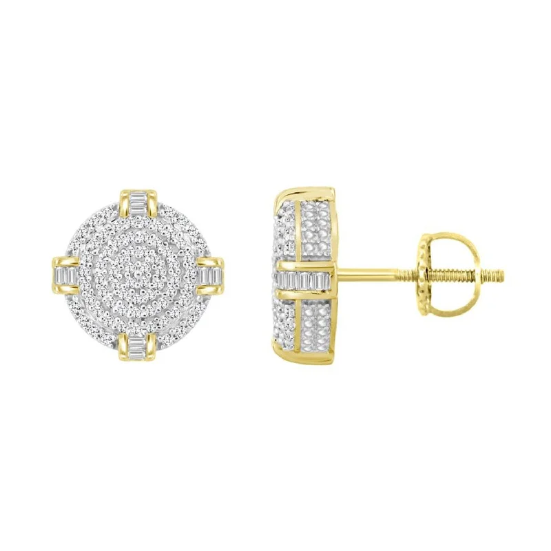 Sterling Silver Earrings-LADIES EARRINGS 0.50CT ROUND/BAGUETTE DIAMOND 10K YELLOW GOLD