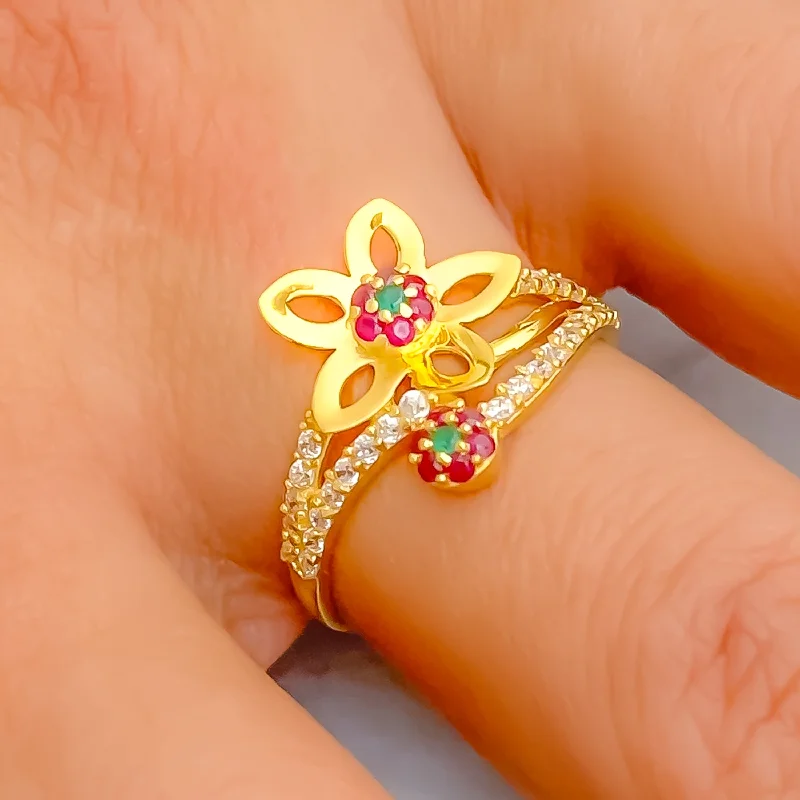 Delightful Multi Colored 22k Gold Floral CZ Ring