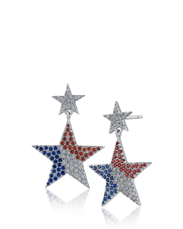 Luxury Designer Earrings-Pave CZ Double Star Drop Earrings