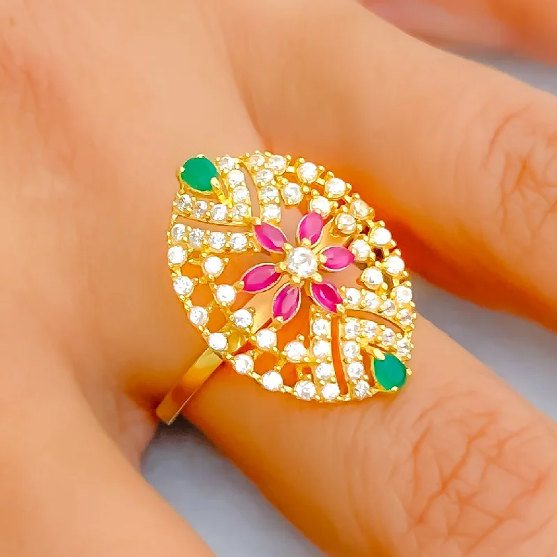 Multi-Color Flower 22k Gold CZ Statement Ring