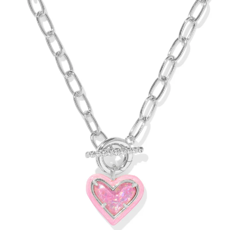 Kendra Scott | Ari Heart Silver Enamel Framed Link and Chain Necklace in Pink Iridescent Glitter Glass