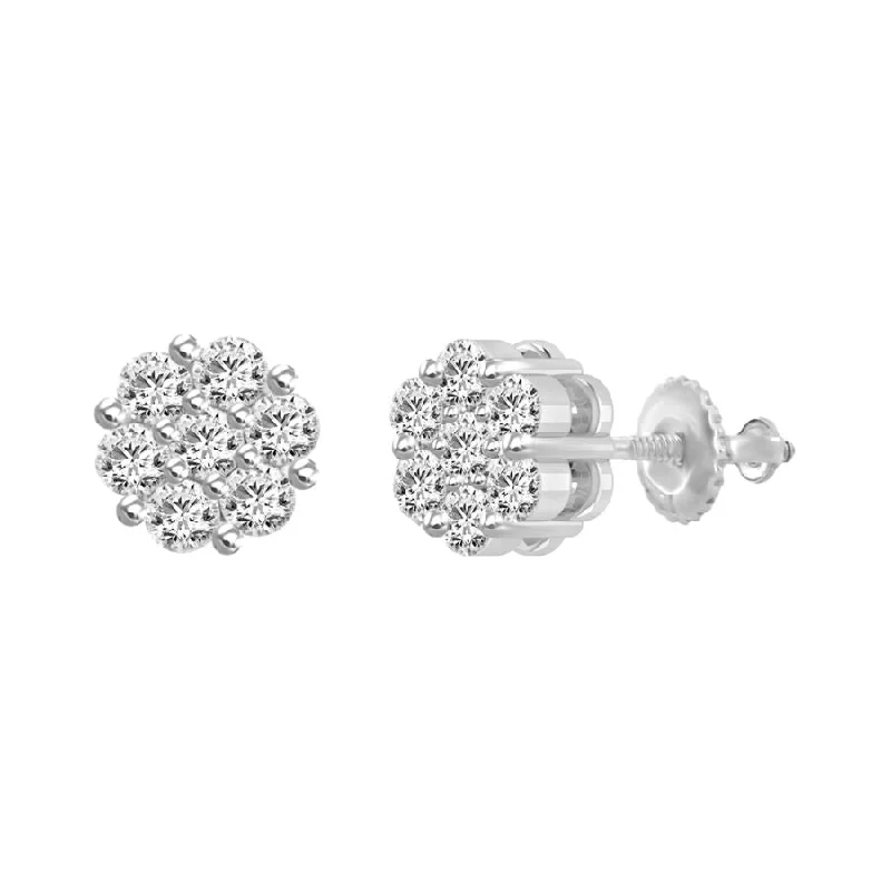 Small Drop Earrings-LADIES FLOWER EARRINGS 0.75CT ROUND DIAMOND 14K WHITE GOLD