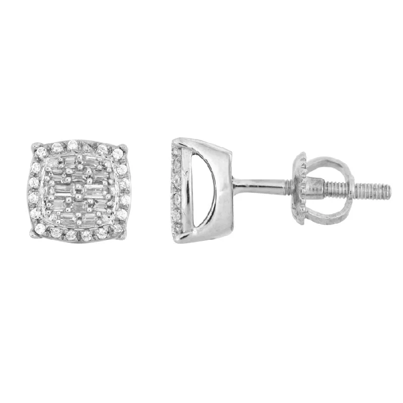 Antique Silver Earrings-LADIES EARRINGS 0.33CT ROUND/BAGUETTE DIAMOND 10K WHITE GOLD