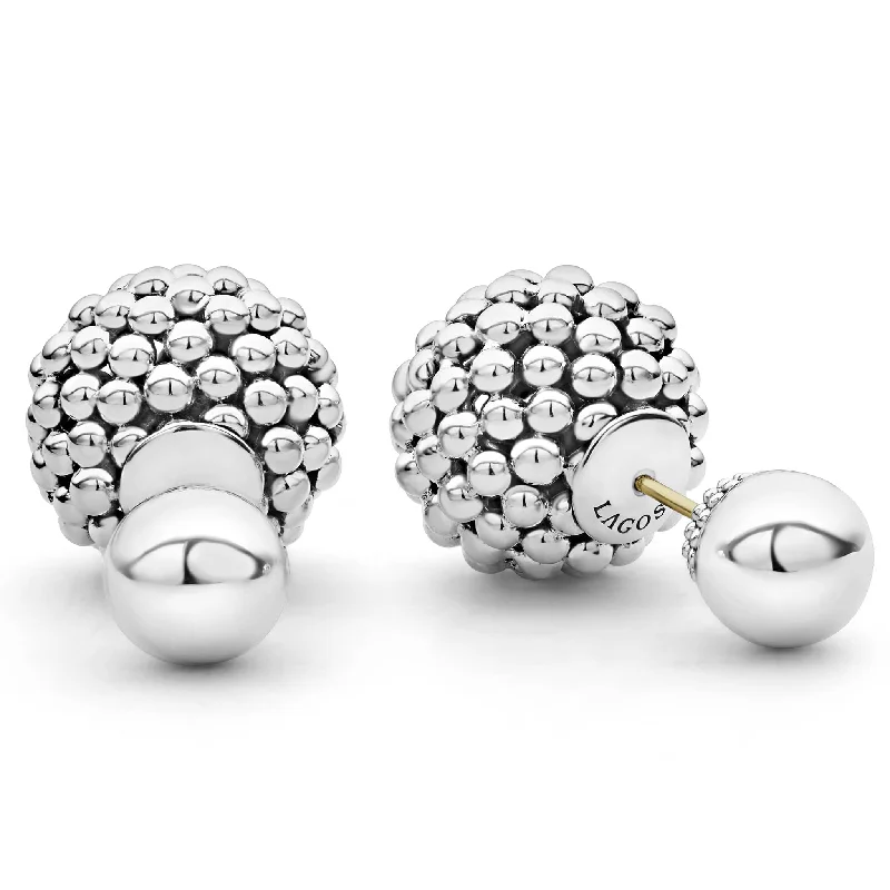 Crystal Stud Earrings-Signature Caviar Silver Beaded Front-Back Earrings