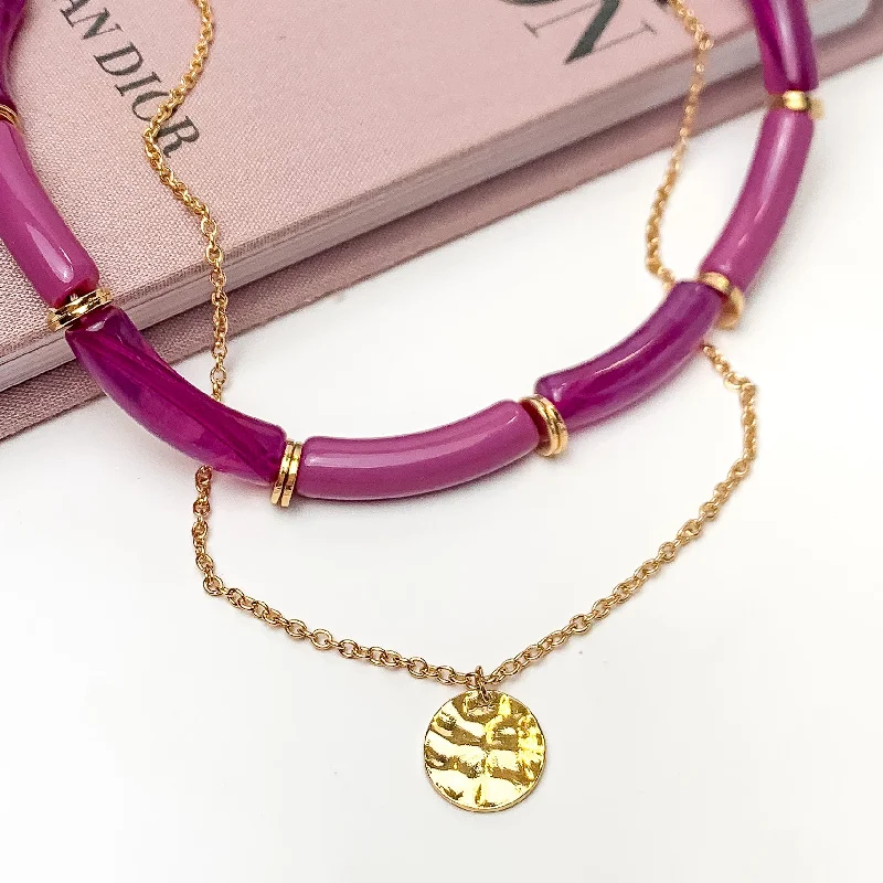 Perfect Paradise Tube Necklace With Second Gold Tone Chain Necklace in Purple