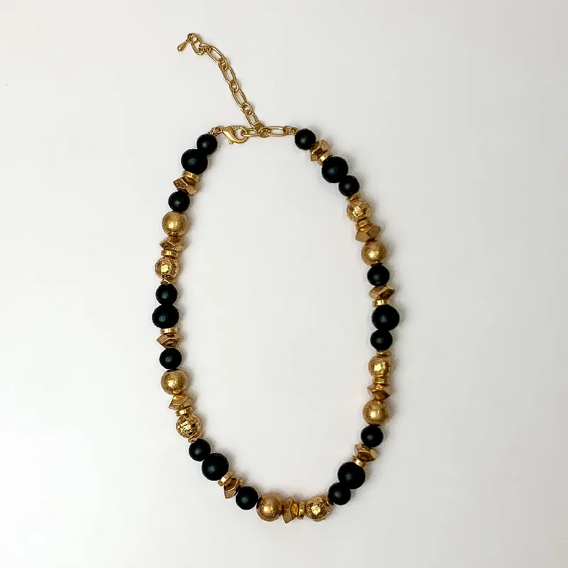 Texture Beaded Necklace with Gold Tone Spacers in Black