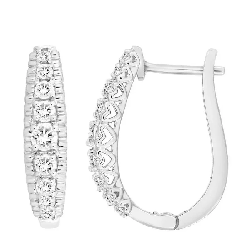 Chunky Gold Earrings-LADIES HOOP EARRINGS 0.50CT ROUND DIAMOND 10K WHITE GOLD