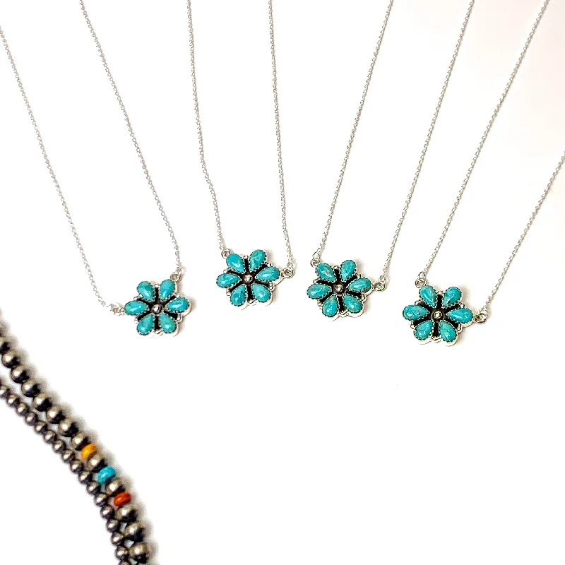 Hada Collection | Handmade Sterling Silver Chain Necklace with Kingman Turquoise Flower Cluster Pendant