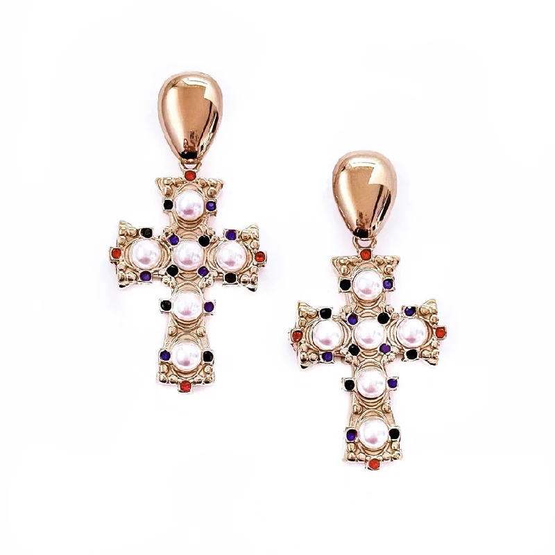 Multi-Colored Drop Earrings-Evianna Pearl Cross Earrings