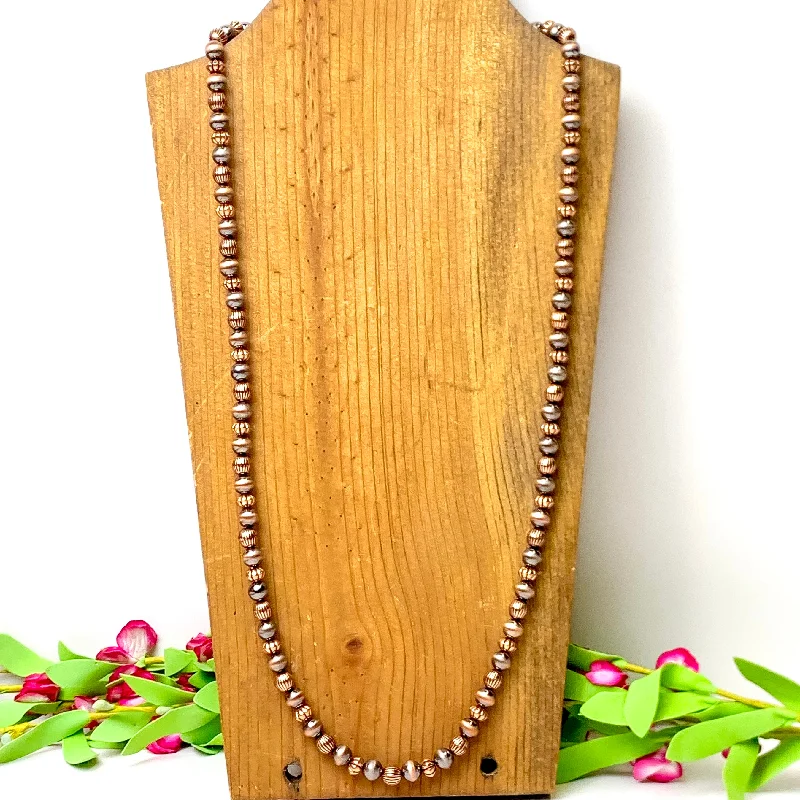 Long Faux Navajo Pearl Necklace with Corrugated Spacers in Copper Tone