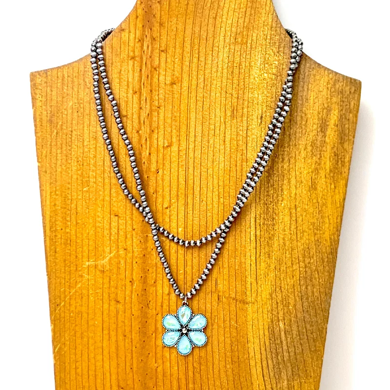 Bourbon Blooms Faux Navajo Pearl Necklace in Turquoise Blue and Silver Tone