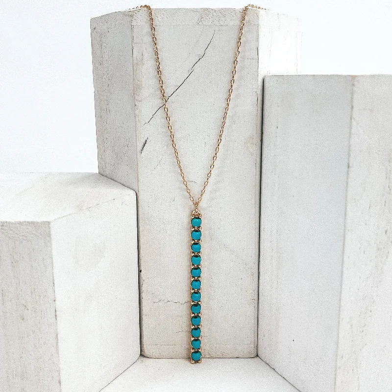 30 Inch Gold Rectangle Pendant Necklace with Turquoise Beads