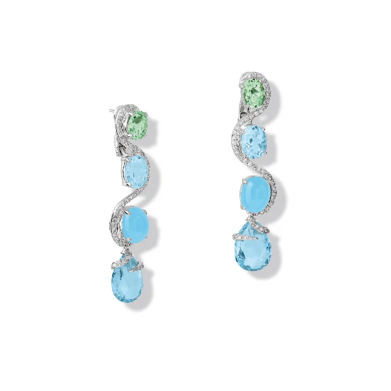 Cute Heart Earrings-Shanghai Earrings 18ct White Gold - Green Beryl, Blue Topaz, Aquamarine, Prasiolite & Diamond