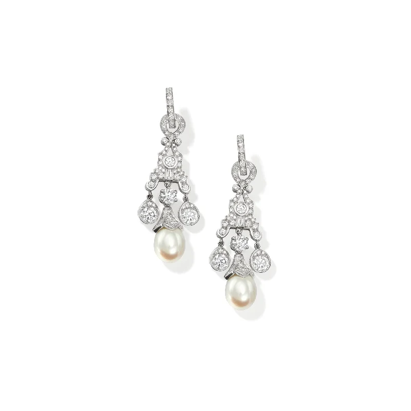 Handcrafted Earrings-Maharani Earring Drops 18ct White Gold - Diamond & Pearl