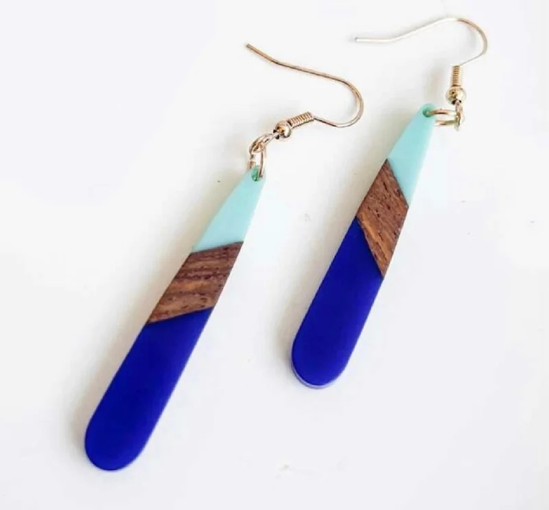 Gold-Plated Hoop Earrings-Beautiful Blue Resin and Wood Earrings