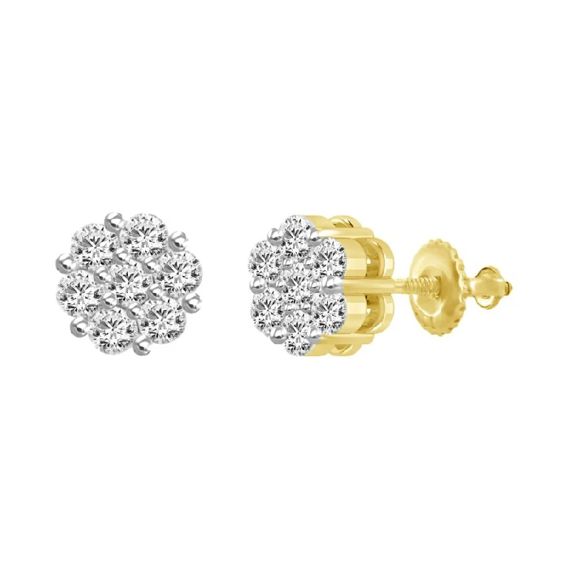 Multi-Colored Drop Earrings-LADIES FLOWER EARRINGS 1.00CT ROUND DIAMOND 14K YELLOW GOLD