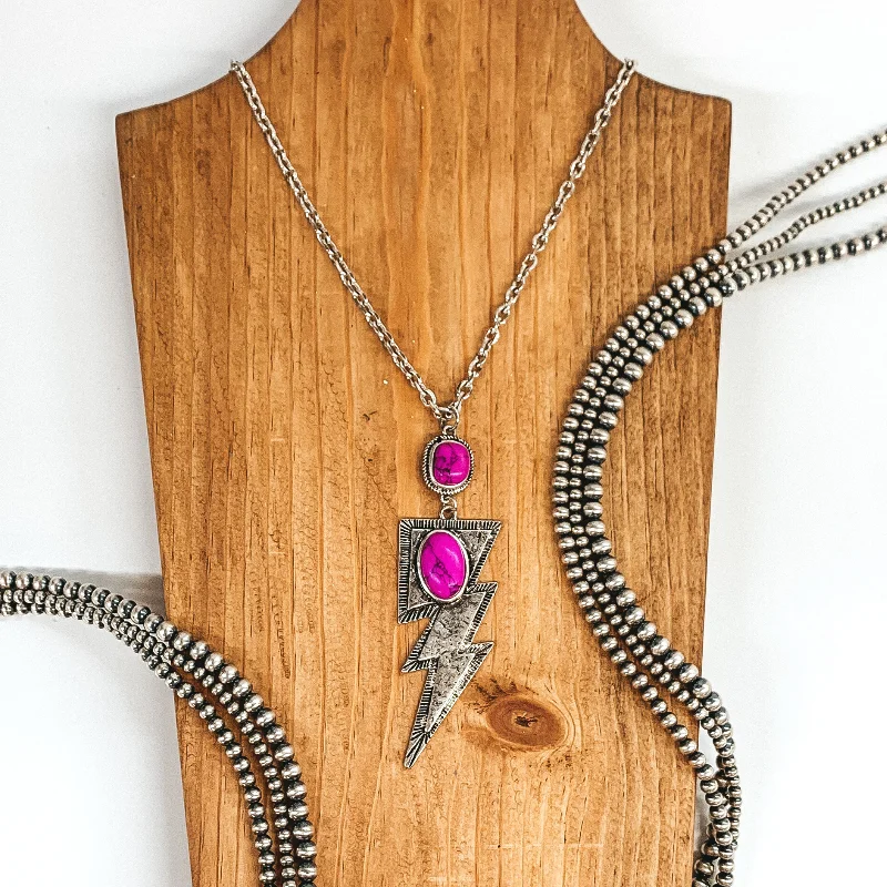 Long Silver Tone Chain Necklace and Lightning Bolt Pendant in Fuchsia