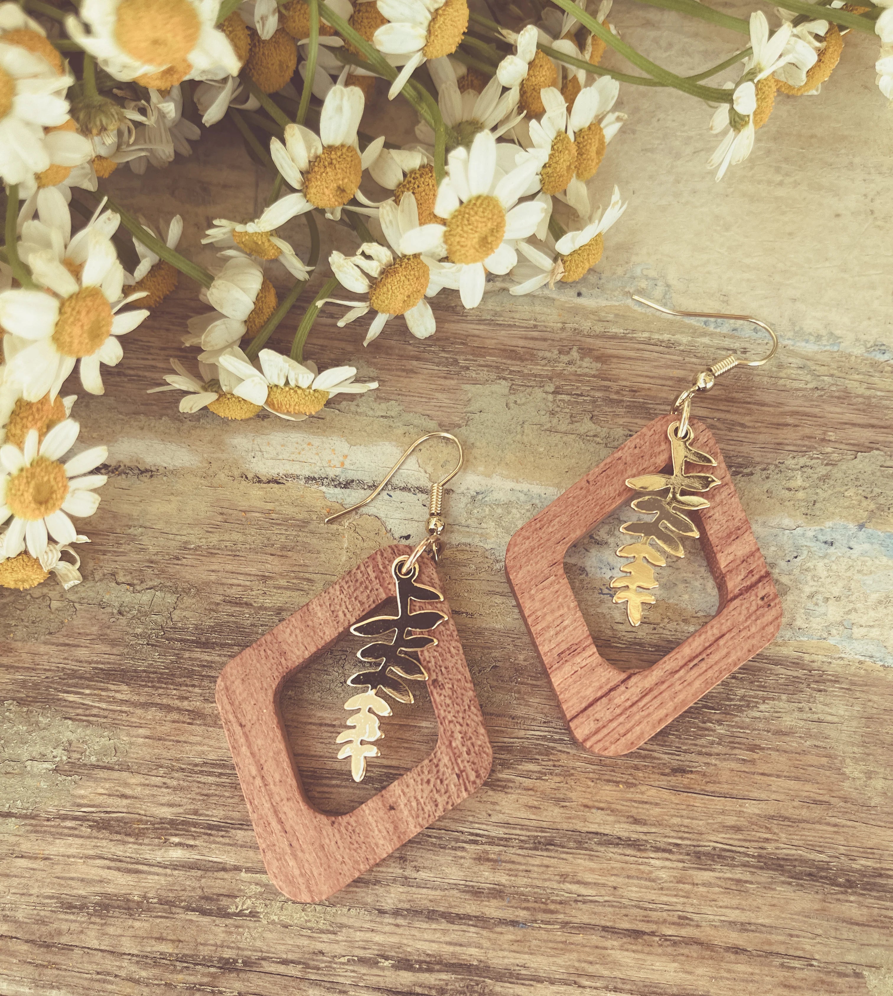 Simple Gold Earrings-Beautiful Gold Leaf Wood Earrings