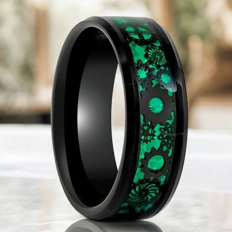 COGSPRING | Black Tungsten Ring, Steampunk Gear over Green Carbon Fiber Inlay