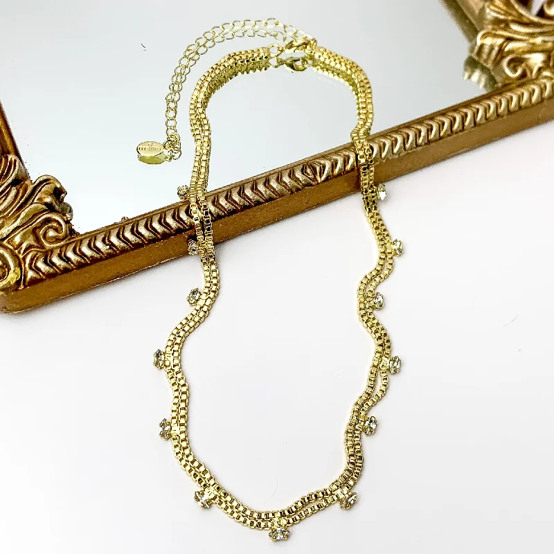 Sorrelli | Cleo Box Chain and Crystal Tennis Necklace in Bright Gold Tone and Clear