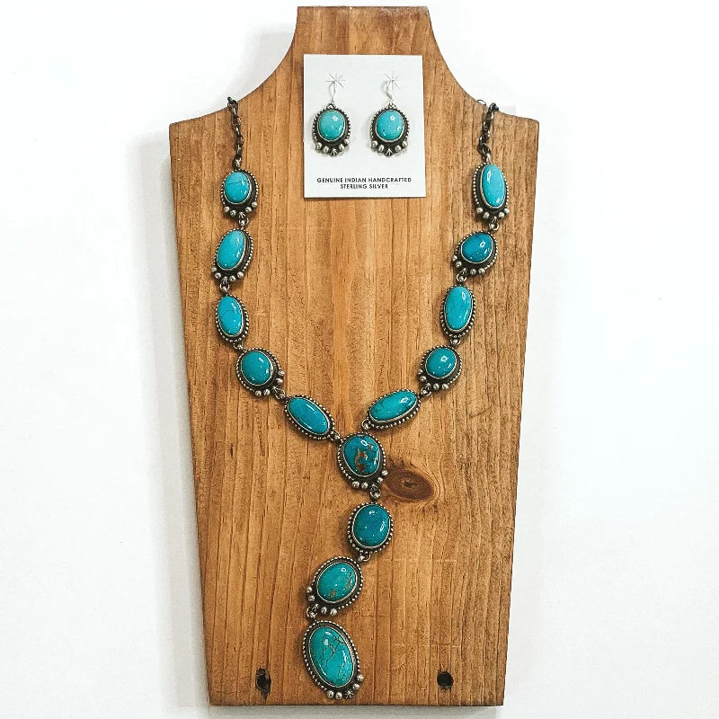 Dave Skeets | Navajo Handmade Sterling Silver and Royston Turquoise Lariat Necklace + Matching Earrings