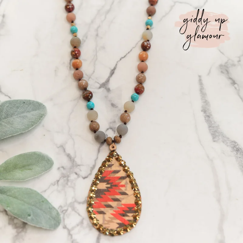 Beaded Teardrop Pendant Necklace in Red Aztec