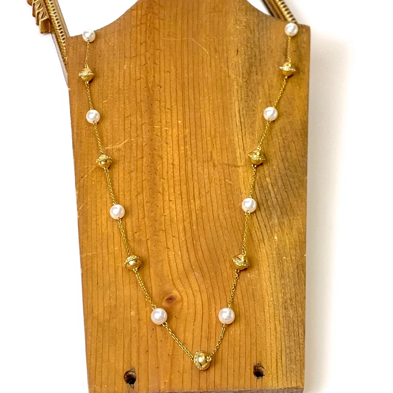 Long Gold Tone Necklace with Gold and Pearl Bead Accents