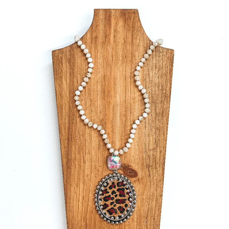 Crystal Strand Necklace with Leopard Print Pendant and AB Cushion Cut Crystal Connector in Silver