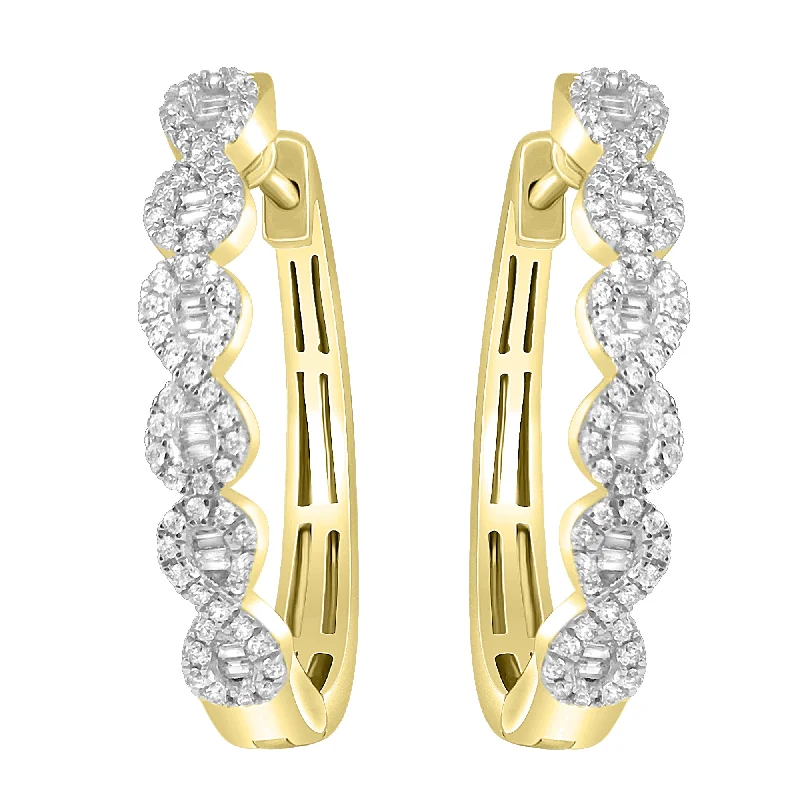 Pearl Ear Jackets-LADIES HOOP EARRINGS 0.75CT ROUND/BAGUETTE DIAMOND 10K YELLOW GOLD