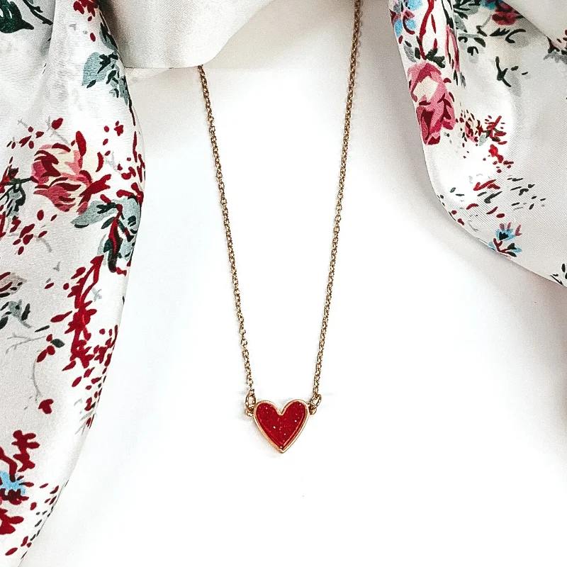 Druzy Heart Necklace in Red