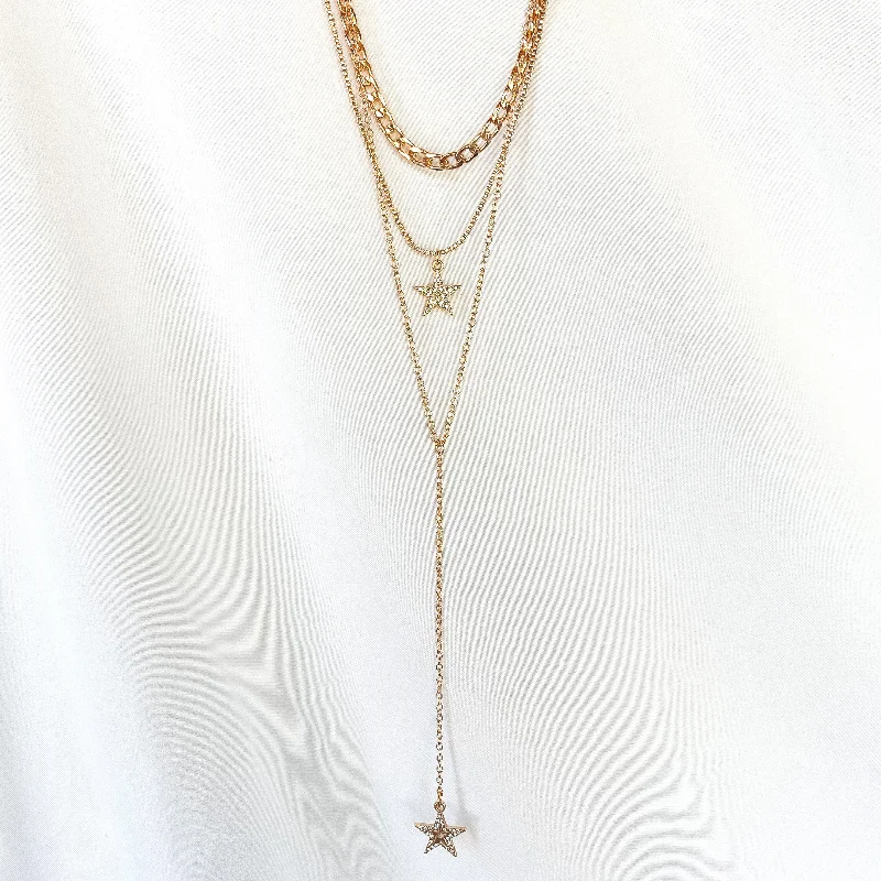 Three Strand Drop Chain Necklace with Crystal Star Pendants in Gold