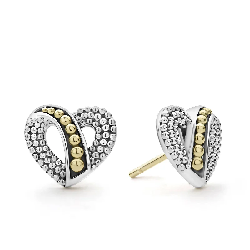 Trendy Statement Earrings-Signature Caviar Two-Tone Beaded Heart Stud Earrings