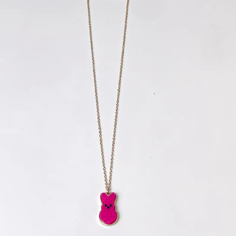 Gold Chain Necklace with Bunny Pendant in Hot Pink