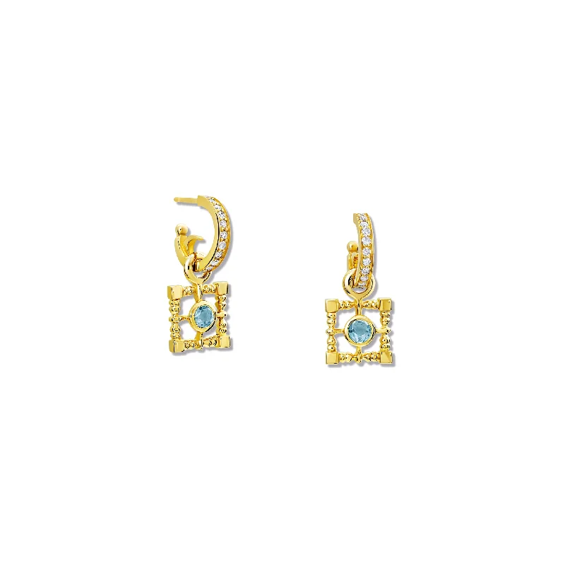 Colorful Crystal Earrings-Mashrabiya Trellis Square Earring Drops Yellow Gold - Blue Topaz