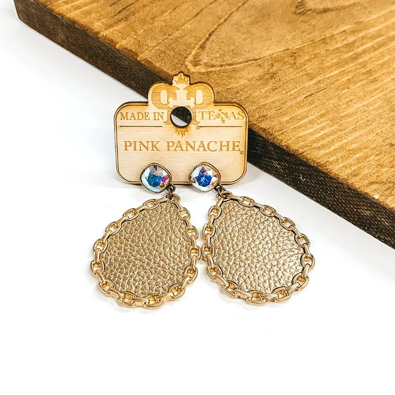 Pink Panache | AB Cushion Cut Crystal Studs with Hanging Leather Gold Chained Rimmed Teardrop Pendant in Gold