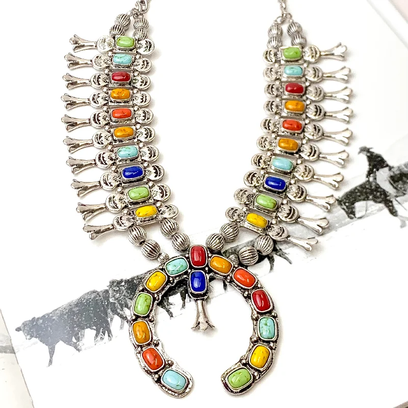 Silver Tone Chain Squash Blossom Necklace with Naja Pendant in Multicolor