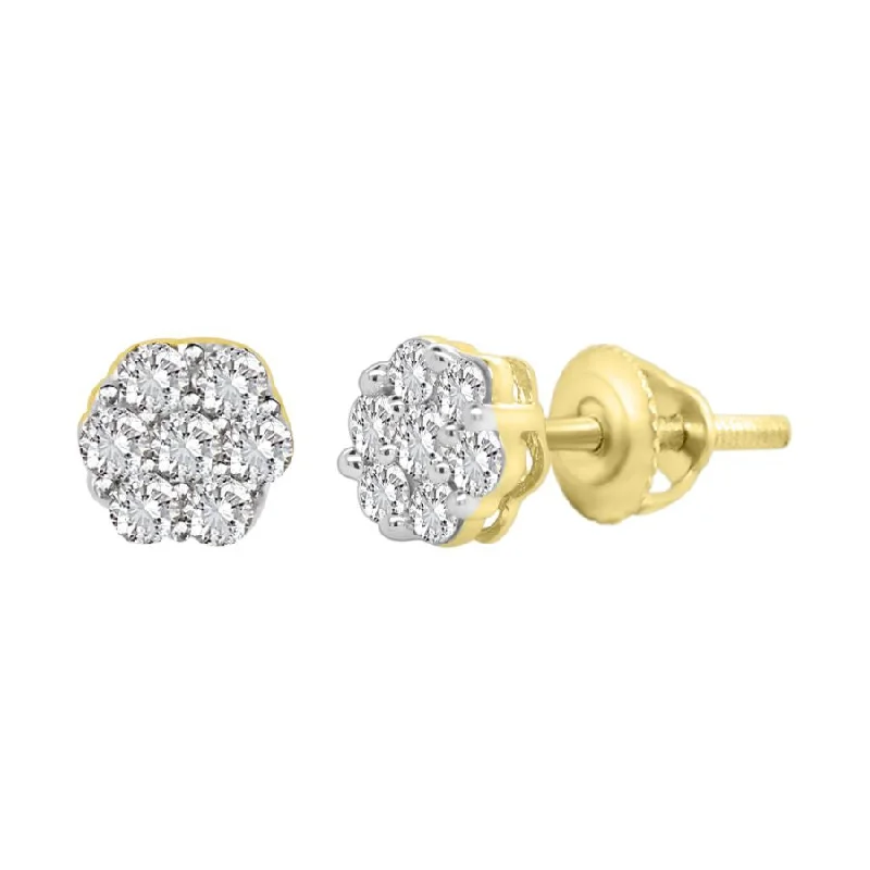 Party Drop Earrings-LADIES FLOWER EARRINGS 0.33CT ROUND DIAMOND 14K YELLOW GOLD