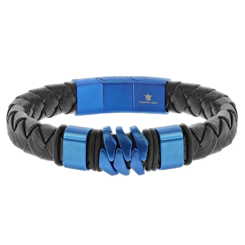 Men's Bracelet - Blue Stainless Steel and Genuine Black Leather | ST-1620