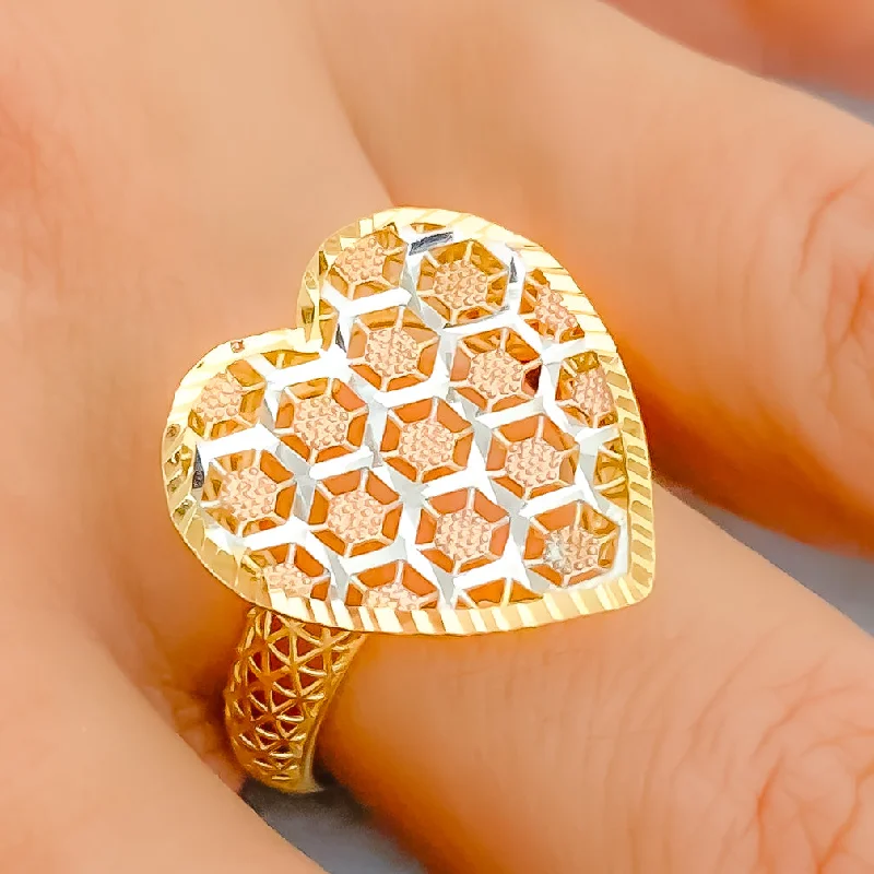 Three-Tone Checkered Heart 22K Gold Ring