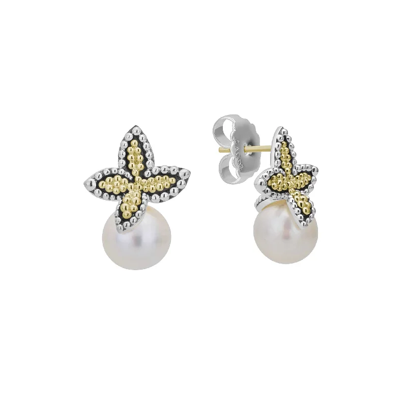 Luxury Designer Earrings-Luna Two-Tone Caviar Floral Pearl Earrings